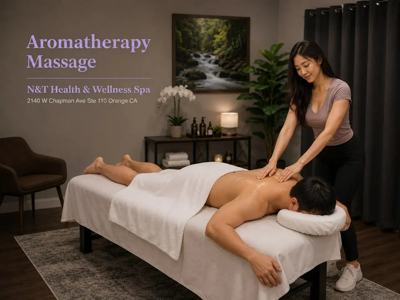 Aromatherapy massage with warm scented oil in Orange, CA at N&T Health & Wellness Spa