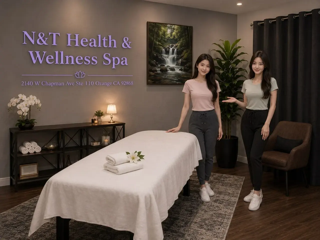 Private massage room with calm lighting at N&T Health & Wellness Spa in Orange CA