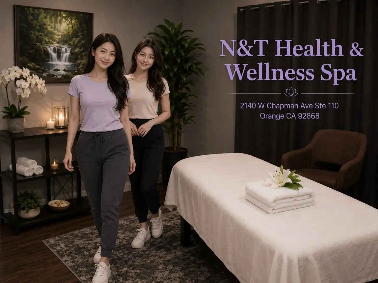 Warm, calm treatment room at N&T Health & Wellness Spa in Orange CA